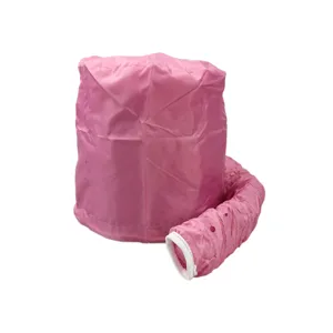 Gedetailleerd overzicht van het roze haardroger opzetstuk met flexibele slang en kap.