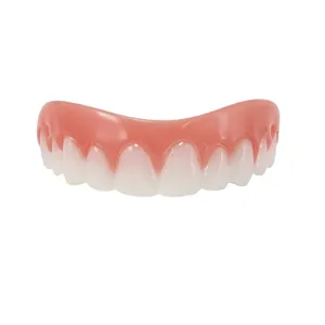Detailed view of silicone cosmetic upper denture teeth veneer with natural white finish.