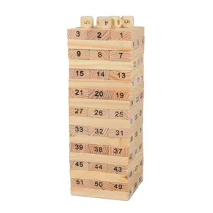 Wooden stacking tower game with numbered blocks and dice for family party tabletop fun playtime.