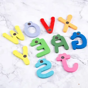 Colorful wooden magnetic alphabet letters for fridge, baby early education toy spelling words.