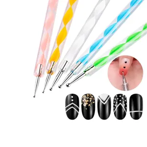 5pcs nail art dotting pens detail view, dual head metal ball and acrylic spiral handle.
