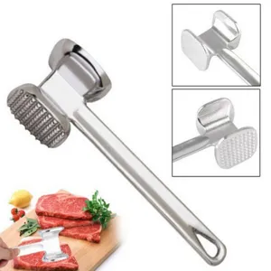 Double-sided meat tenderizer hammer tool for beef steak and kitchen cooking prep view