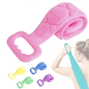 Serviette de Gommage pour le Corps de Bain en Silicone Double Face Longue Bande Brosse de Massage Exfoliante avec Poignées pour Douche