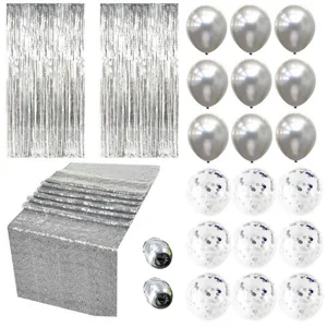 Silver party decoration set including fringe curtains, metallic and confetti balloons, sequin table runner.