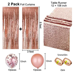 Rose gold party decoration set including foil curtains, sequin table runner and balloons.
