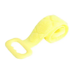 Détail de sangle de douche en silicone jaune, poignées doubles et poils de massage texturés.