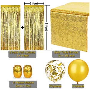 Gold sequin table runner foil fringe curtains confetti balloons party decoration set detail view