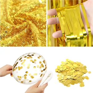 Gold party decoration set including sequin fabric, fringe curtain, confetti balloons and confetti.