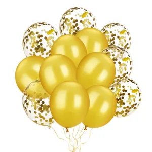 Gold confetti balloons set for wedding party decor, shiny metallic latex balloons.