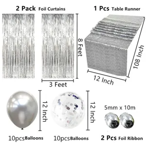 Silver party decoration set including foil curtains table runner balloons and ribbons.