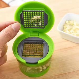 Close-up detail of green manual garlic chopper with stainless steel grid for kitchen dicing.