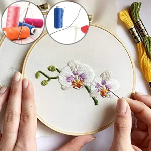 Primo piano dettagliato di un lavoro di ricamo su telaio con fili colorati e punti fini.