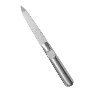 Stainless steel nail file detail shot, professional double-sided metal abrasive tool for care.
