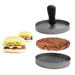 Aluminum burger press patty maker with plastic handle and non-stick grill mold for kitchen cooking.
