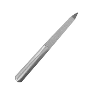 Stainless steel double sided nail file detail view showing textured abrasive surface.