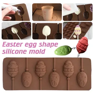 Easter egg silicone mold detail view showing chocolate lollipop making steps and cavity design.