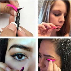 Silicone winged eyeliner stamp tool set with black liquid pen for easy precision eye makeup.