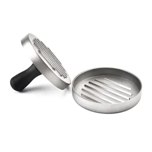 Durable aluminum burger press with non-stick mold and comfortable plastic handle.