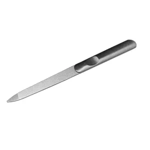 Stainless steel nail file close-up view showing double-sided abrasive texture and indented handle.