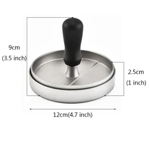 Aluminum hamburger meat press with non-slip handle and size marks for easy patty making.