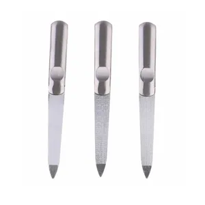 Stainless steel double-sided nail file detail, durable metal nail buffer with concave handle for easy grip.