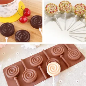 Silicone swirl lollipop mold for DIY baking, chocolate and hard candy making tool set.