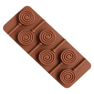 Brown silicone lollipop mold with six swirl candy cavities for DIY baking and crafts.