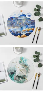 Detailed view of the round Chinese style Zen printed PVC placemat in nice home table setting.