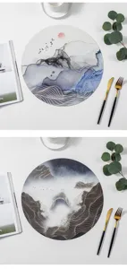 Round PVC Placemat New Chinese Zen Ink Landscape Heat Resistant Table Mat for Home Kitchen