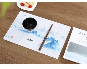 Chinese style ink painting PVC placemat detail scene with tableware and woven texture.
