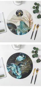 Round PVC placemat with Chinese zen print, heat resistant table mat for home and dining room.