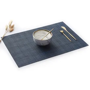 Blue woven PVC placemat, modern waterproof heat resistant table mat for dining room kitchen use.