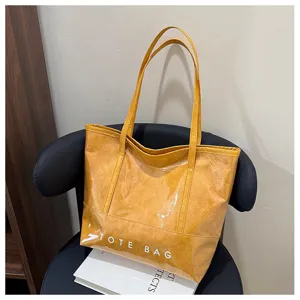 Gelbe wasserdichte glänzende Leder Shopper Tasche große Kapazität Damen Schultertasche
