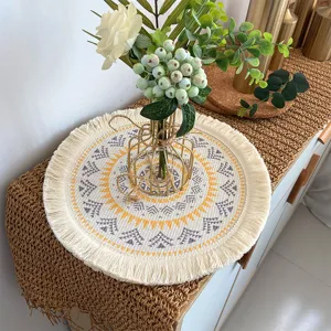 Nordic bohemian woven cotton placemat with fringe, round heat insulation table mat decor.