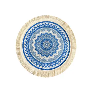 Nordic Bohemian Woven Cotton Placemat Blue Mandala Table Mat with Fringe Tassels Decor