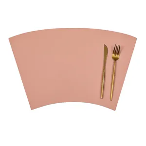 Pink fan-shaped double-sided leather placemat for dining table, waterproof and oil-proof.
