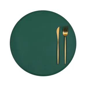 Nordic round faux leather placemat dark green PVC heat insulation table mat with golden cutlery