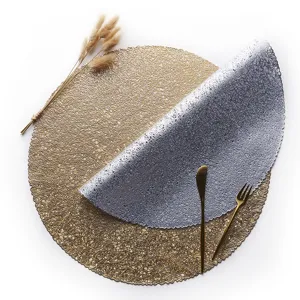 Runde hohlgeschnitzte PVC Tischsets in Gold und Silber, Mesh Dekoration für Esstische.