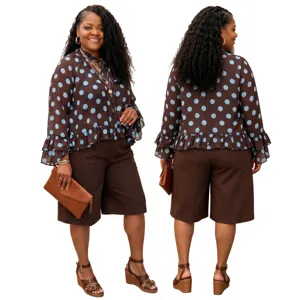 Plus size long sleeve polka dot blouse and shorts casual set, front and back view details.