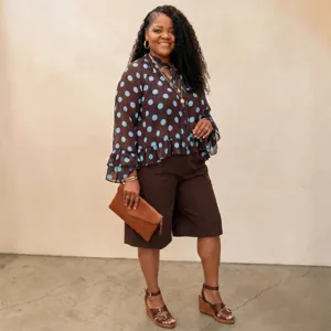 Plus size polka dot long sleeve loose top and mid length pants casual outfit for women
