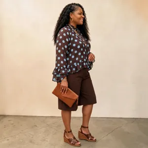 Detail shot of the plus-size polka dot long-sleeve blouse and shorts outfit context.