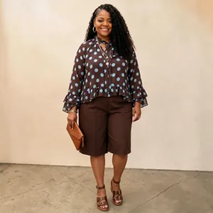 Plus size stylish polka dot long sleeve blouse and shorts casual set detail view.