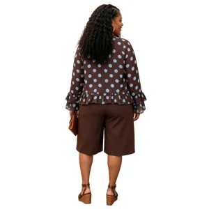 Plus size women polka dot long sleeve ruffle top and shorts casual suit back detail.