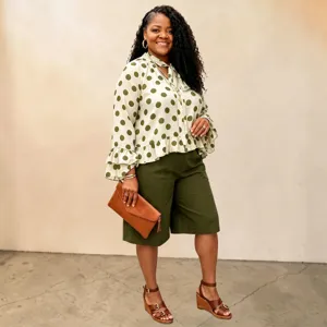 Plus size polka dot long sleeve blouse matching with pants set detail view for women