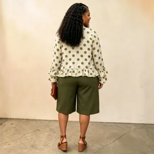 Plus size polka dot long sleeve blouse and matching shorts casual outfit for women