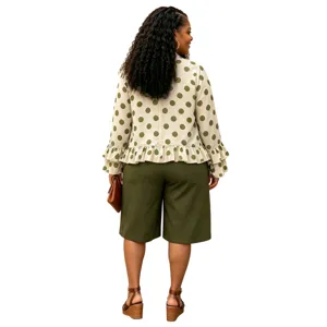 Plus size polka dot long sleeve top and green culottes casual outfit set for women autumn