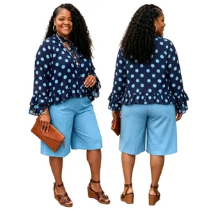 Plus size polka dot long sleeve blouse paired with bermuda shorts casual outfit detail
