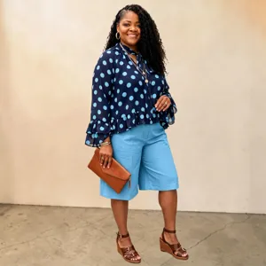 Plus size women casual polka dot long sleeve blouse and mid length pants suit autumn set