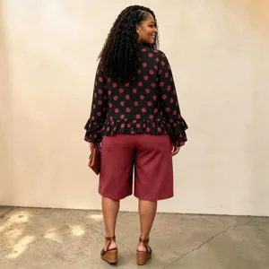 Plus size polka dot long sleeve blouse and shorts casual set for women autumn fashion.