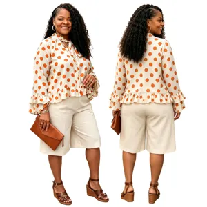 Plus size polka dot long sleeve blouse and mid pants casual set for women autumn style.